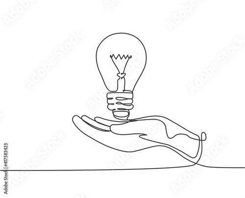 One single line drawing of open palm hand holding bright lightbulb for invention company logo identity. Creativity icon concept from bulb shape. Trendy continuous line draw design vector illustration