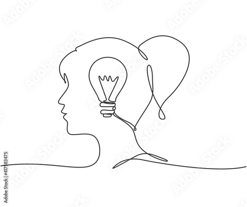 One single line drawing of human woman head with lightbulb inside for company logo identity. Innovation creativity process icon concept. Trendy continuous line draw design vector illustration