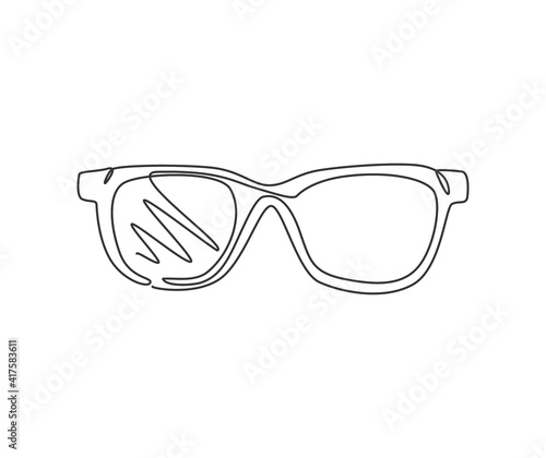 One continuous line drawing of trendy sunglasses logo emblem. Clean glasses for optical shop logotype icon template concept. Modern single line draw graphic design vector illustration