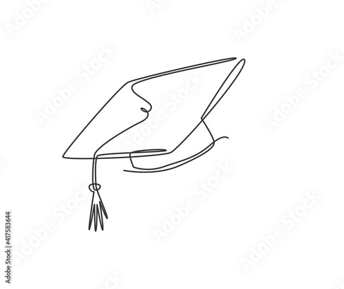 One continuous line drawing of graduation cap. Academical graduation hat equipment element icon template concept. Treandy single line draw graphic design vector illustration