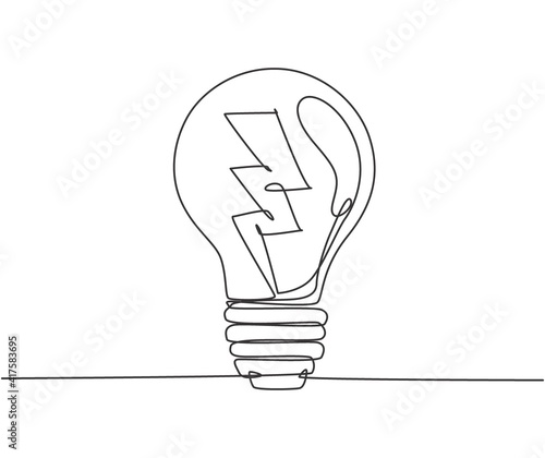 One single line drawing of light bulb with thunder bolt logo identity. Power energy electricity logotype icon template concept. Dynamic continuous line draw design graphic vector illustration
