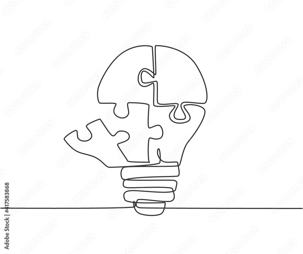 Single continuous line drawing of part of puzzles forming bright light