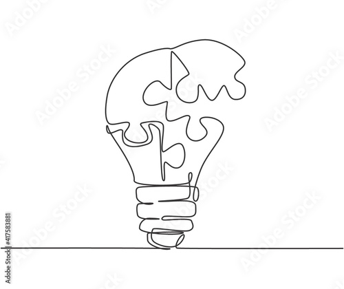 One single line drawing of light bulb with pieces of puzzles forming logo identity. Teamwork smart company logotype icon template concept. Continuous line draw design graphic vector illustration