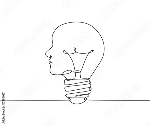 One single line drawing of human head light bulb logo identity. Psychological mind intelligence logotype icon template concept. Dynamic continuous line draw design graphic vector illustration