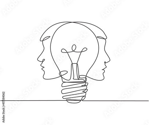 One single line drawing of two men face with light bulb at the center logo identity. Human creativity company logotype icon template concept. Continuous line draw design graphic vector illustration