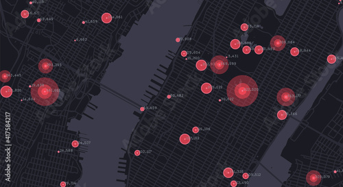 Big data city map. Citizens behaviour analysis. Hotspots of urban activity. Big data in smart city. Social interaction research. Urban information.