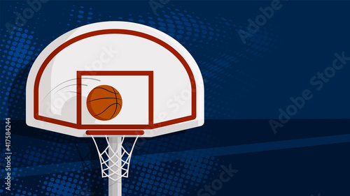 sports ball for game flies into hoop with net and basketball backboard. Background sports competitions in basketball on street and in gym. Vector