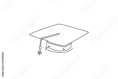One continuous line drawing of graduation cap for graduating ceremony equipment logo icon. University grad uniform logotype symbol template concept. Trendy single line draw design vector illustration