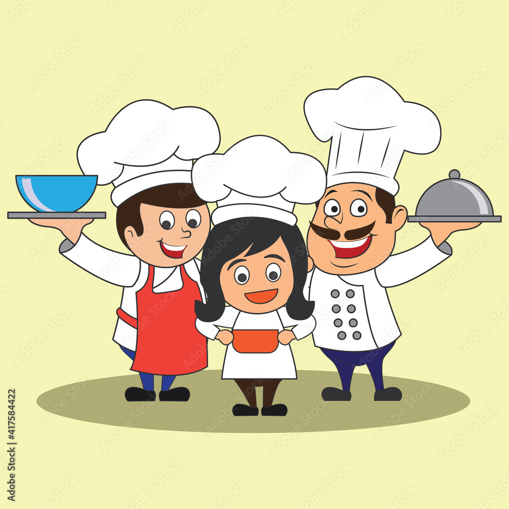 chef man and woman with the toque holding a dish ready to serve. cartoon character. vector illustration chef man and woman with the toque holding a dish ready to serve. cartoon character. vector illustration