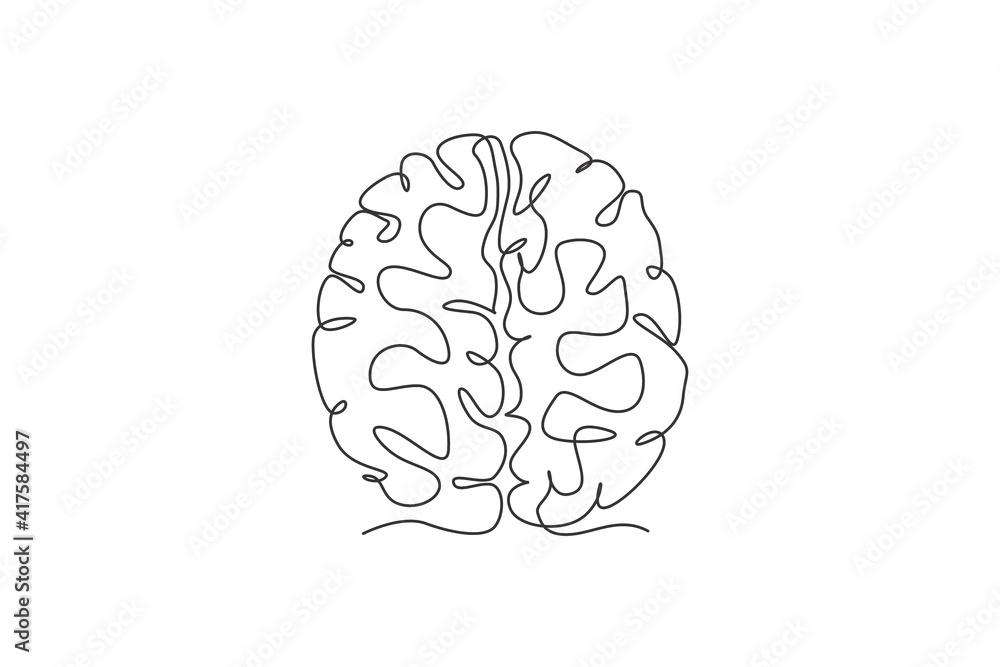 Single continuous line drawing of smart human brain from top view logo label. Psychology office logotype icon concept. Modern one line draw graphic design vector illustration Single continuous line drawing of smart human brain from top view logo label. Psychology office logotype icon concept. Modern one line draw graphic design vector illustration