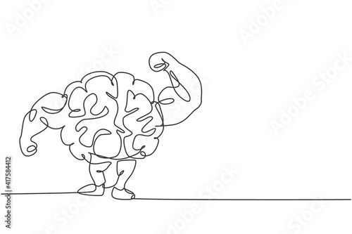 One continuous line drawing of strong muscular brain human shows muscle logo icon. Smart health for fitness center logotype symbol template concept. Trendy single line draw design vector illustration