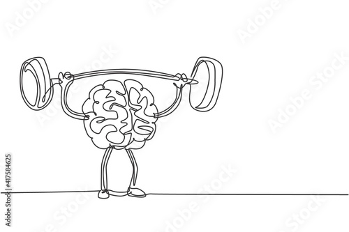 Single continuous line drawing of strong muscular human brain lifting barbell logo label. Fresh smart health character logotype icon concept. Modern one line draw graphic design vector illustration