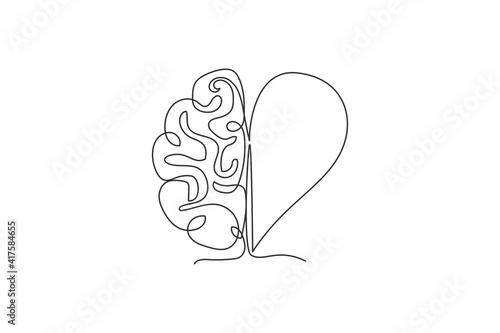 One continuous line drawing of half human brain and love heart shape logo icon. Psychological split affection logotype symbol template concept. Trendy single line draw design vector illustration
