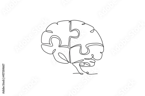 One single line drawing of human brain forming from pieces of puzzles logo identity. Psychological office to find personality icon logotype concept. Continuous line draw design vector illustration