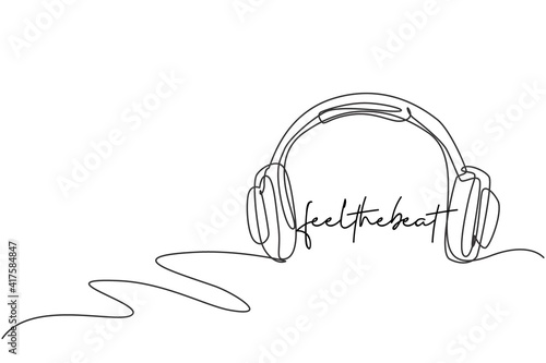 Single continuous line drawing of headphone radio with long wire logo label. Musical audio company logotype icon concept. Modern one line draw graphic design vector illustration