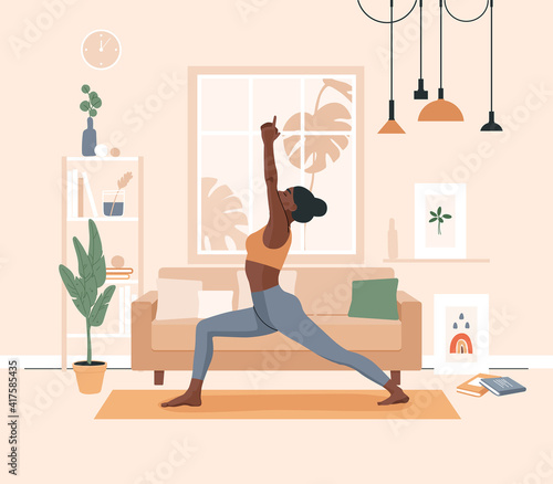 African american woman doing yoga exercises, practicing meditation and stretching on the mat. Black girl character in yoga studio or home. Trendy flat or cartoon vector illustration.