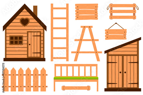 Collection of wooden garden accessories. Fence, boxes, ladder, shed, bench.Gardening, garden furniture.Design elements in a cartoon flat style. Color vector illustrations Isolated on white background.