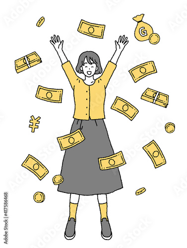 お金が手に入って喜ぶ女性のイラスト
