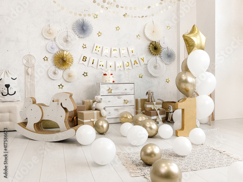 Birthday decorations - gifts, toys, balloons, garland and number for little baby party on a white wall background.