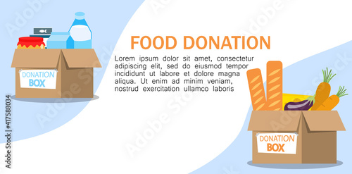 Volunteer holding a donation box with food using protective gloves, charity. Food donation concept.