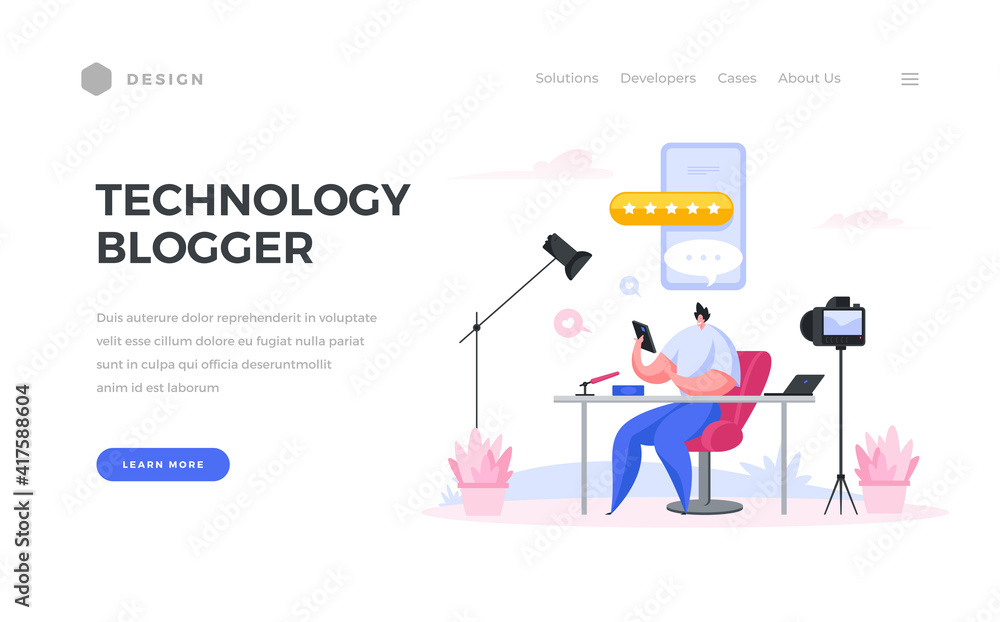 Experienced blogger technology home page banner. Male character in video studio reads comments his channel subscribers. Experienced blogger technology home page banner. Male character in video studio reads comments his channel subscribers.