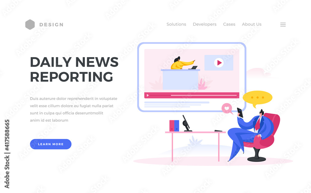 Daily news reports landing page template. Male business character watches overview of events on his favorite channel. Daily news reports landing page template. Male business character watches overview of events on his favorite channel.
