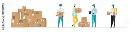 Safe delivery. A courier wearing a medical mask delivers a parcel during quarantine. Delivery of parcels at the post office. Safe delivery concept with social distance. Vector illustration