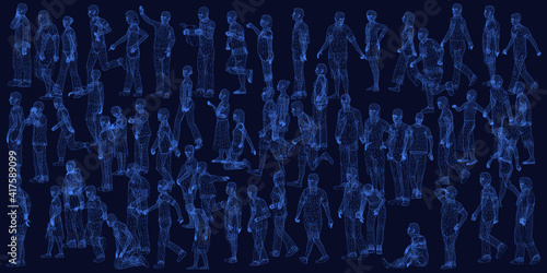 Wireframe of many people in different poses from blue lines on a dark background. 3D. Vector illustration