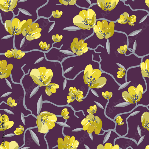 Seamless pattern with yellow bouquets. Spring flowers. Floral background for textile or book covers, manufacturing, wallpapers, print, gift wrap and scrapbooking. Trendy colors illustration