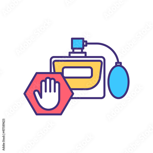 Strong smelling perfume restriction RGB color icon. Health risks. Toxic ingredients in perfume. Fragrance chemicals avoiding. Scent products with detrimental effects. Isolated vector illustration