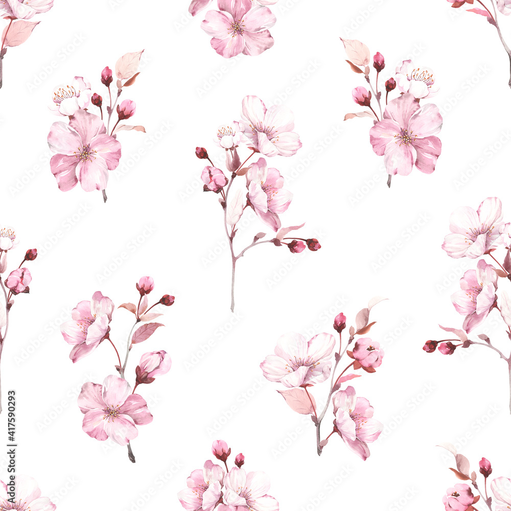 Floral seamless pattern with sakura branches on white background. Watercolor spring illustration with flowers, buds and leaves cherry blossom.