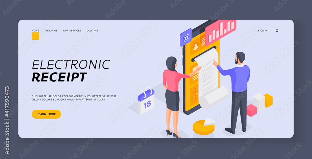 People receiving electronic receipt after transaction isometric vector illustration. Banner template