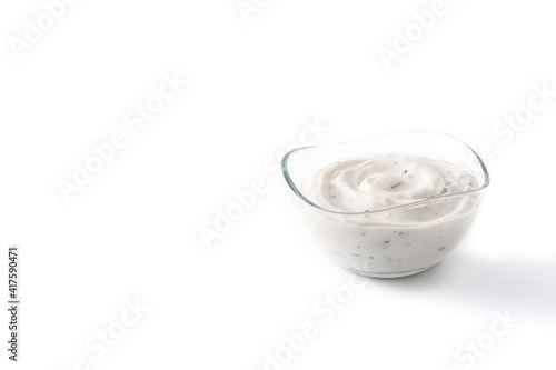 Stracciatella yogurt in transparent bowl isolated on white background.Copy space