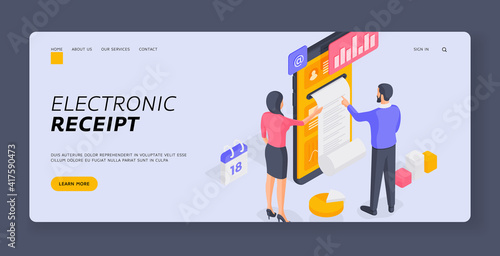 People receiving electronic receipt after transaction isometric vector illustration. Banner template © Дмитрий Муску