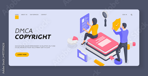 Man and woman checking intellectual property isometric vector illustration. Banner template