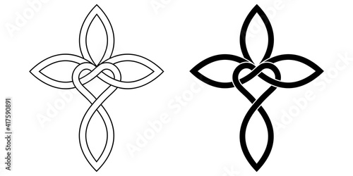 Sign of infinite love for God, heart with infinity symbol and cross, vector tattoo logo love and faith in God, calligraphic cross