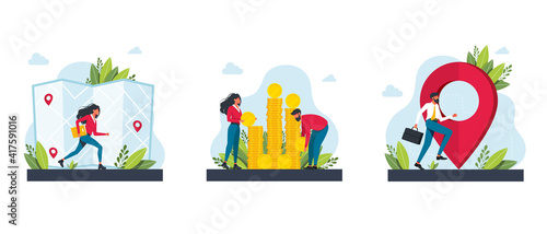 Fees and funding,maps,get directions metaphors.destination,wealth.GPS navigation service application.Business investment and money savings cliparts set.Vector isolated concept metaphor illustrations.  © Татьяна Пивоварова