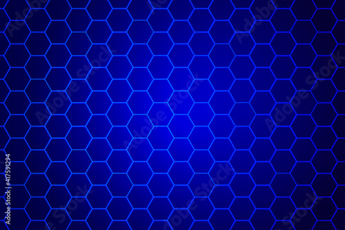 Abstract blue hexagon background. Blue light effect with black background