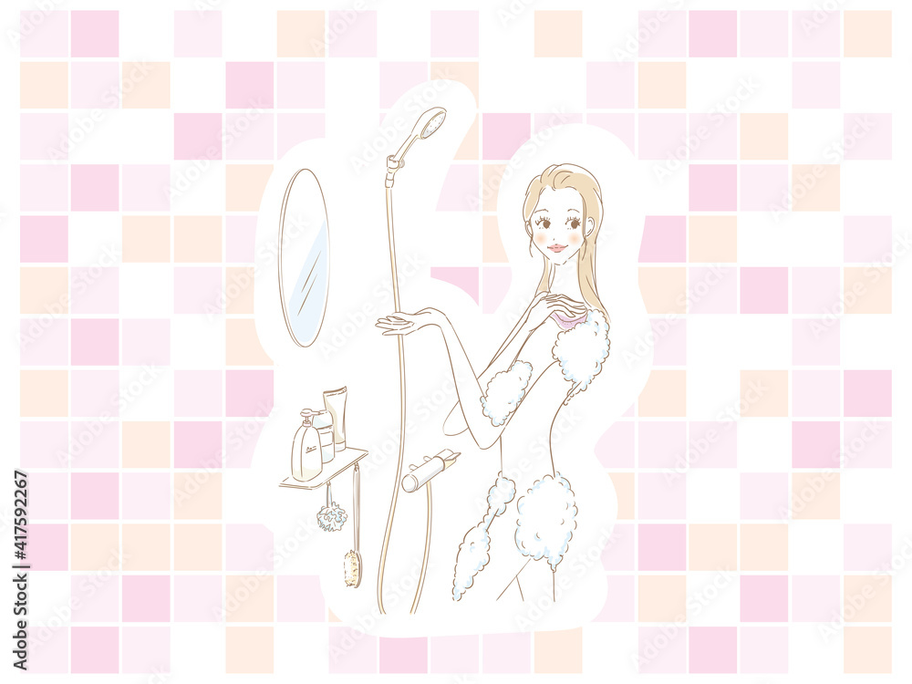 バスルームで体を洗う女性 バスルームで体を洗う女性