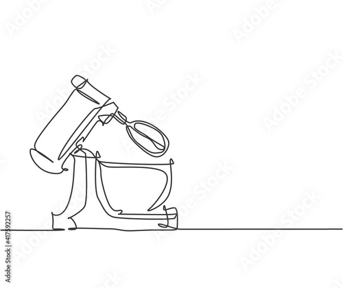 One continuous line drawing of electric stand mixer home appliance for making bakery batter. Electricity household gadget template concept. Trendy single line draw design vector graphic illustration