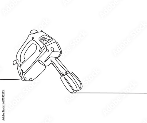 Single continuous line drawing of electric hand mixer for making cookie batter household utensil. Electronic home appliance concept. Modern one line draw design graphic vector illustration