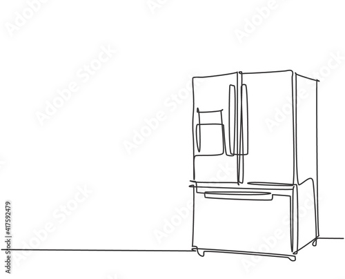 One continuous line drawing of luxury three door refrigerator electric home appliance. Electricity household gadget template concept. Trendy single line draw design vector graphic illustration