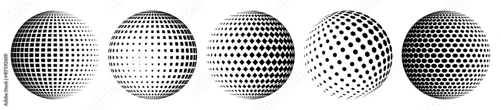 Set of halftone spheres. Abstract dotted background. Texture of black dots. Monochrome gradient background. Vector illustration. Set of halftone spheres. Abstract dotted background. Texture of black dots. Monochrome gradient background. Vector illustration.
