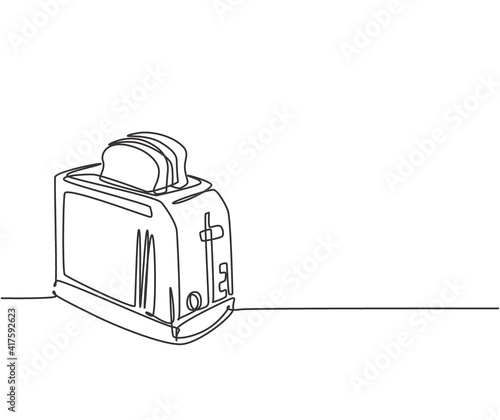 One single line drawing of classic bread toaster home appliance. Electricity kitchenware tools concept. Dynamic continuous line draw graphic design illustration