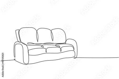 One continuous line drawing of elegance comfortable leather couch home appliance. Comfy living room sofa furniture template concept. Trendy single line draw design vector graphic illustration