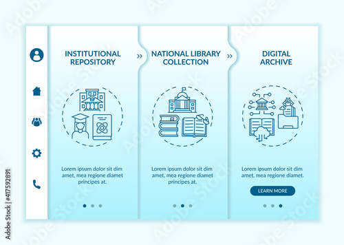Kinds of digital literature onboarding vector template. Online library advantages. Digital archive. Responsive mobile website with icons. Webpage walkthrough step screens. RGB color concept