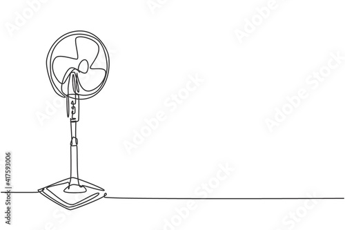 One continuous line drawing of electric standing blow fan home appliance. Electricity living room household tools template concept. Trendy single line draw design vector graphic illustration