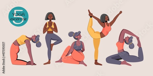 Vector yoga illustration. Yoga set. 5 Yoga exercises. Women yoga. Yoga class, yoga center, yoga studio. Yoga poster. Sketch with yoga asana. 