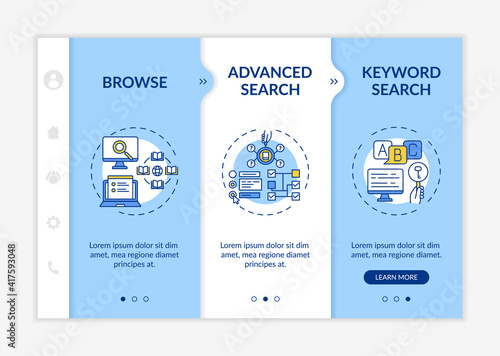 Optimizing searching mechanism onboarding vector template. Online library advantages. Friendly interface. Responsive mobile website with icons. Webpage walkthrough step screens. RGB color concept