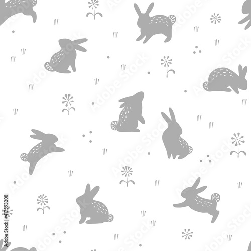 Easter Spring Bunny vector seamless pattern. Illustration of little rabbit in floral field for textile or wrapping surface. Happy Easter ornament for Christian spring holidays.